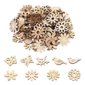 100Pcs DIY עץ פרוסות ריק עץ לא גמורה עץ, מגזרות ציפורים פרחים בצורת עץ פורסים קישוטים DIY אמנות אביזרים (