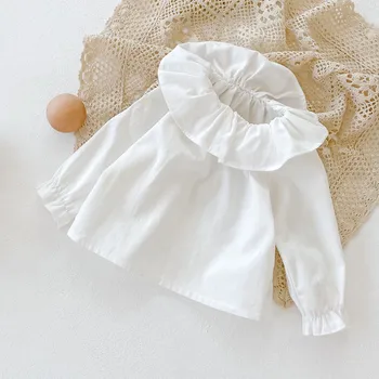 2021 סתיו התינוק הנולד בנות לבן קפלים, חולצות צווארון בסגנון קוריאני פעוטות ילדים חולצות תינוקות בגדי צבע טהור מקסימום