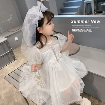 2022 הקיץ החדש נסיכת תחרה, חצאית ריקוד חצאית בנות פאף שרוול שמלה קוריאנית גרסה ילדים בנות שלח הרעלה פרח שמלה