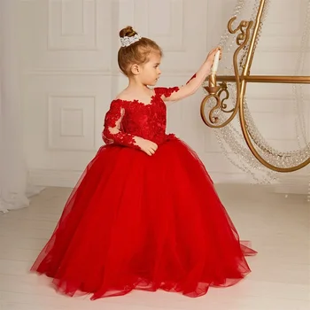 2023 אדום חדש פלאפי צוואר עגול עם שרוולים ארוכים פרח בנות שמלות שושבינה יפה יום הולדת תחרה ללא משענת קשת אפליקציות
