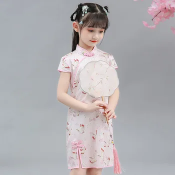 2023 בחורה צ ' יפאו שמלה סינית ילדים Cheongsam ורוד/ירוק סריג שמלות שמלת נסיכת הלבשה