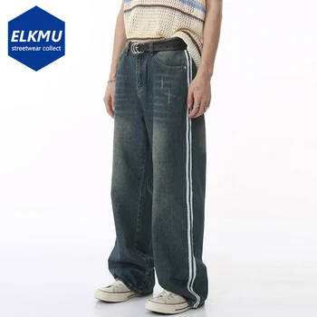 2023 הצד פסים וינטג 'באגי' ינס Harajuku אופנת רחוב היפ הופ חופשי ישר מכנסי ג 'ינס זכר מזדמן כחול ג' ינס מכנסיים