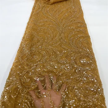2023 זהב נצנצים בד תחרה עם חרוזים נצנצים על שמלת הכלה יוקרה שמלת ערב תחרה צרפתי 5 מטר החתונה