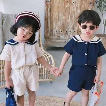 2023 קיץ סגנון קוריאני הילדים מלח צווארון כותנה פשתן בגדים סטים חמוד בנים בנות שרוול קצר חולצה + מכנסיים חליפות 2Pcs