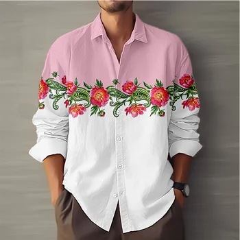 2024 גברים פרחוניים 3D מודפס מזדמן חולצת האביב לובשים מדי יום דש כפתור ארוך שרוול צהוב, ורוד, כתום XS-6XL בתוספת גודל החולצה.
