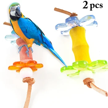 2PCS ציפור צעצוע לעיסה צבעונית מעץ אקריליק תלוי תוכי צעצוע נשיכה עמיד Budgies צעצוע פרח התוכי לכלוב צעצוע ציפורים אספקה