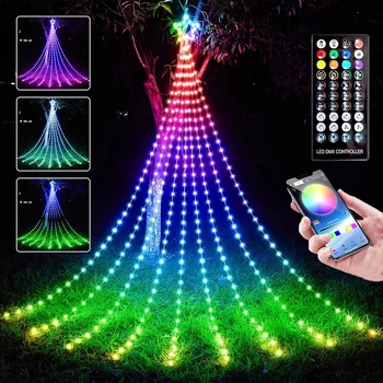 304LED חכמה עץ חג המולד מחרוזת אור עם כוכב טופר 2.8 מ ' Dreamcolor בקרת יישום מפל פיית אור מחרוזת גרלנד