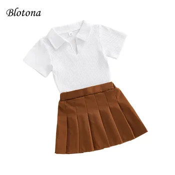 Blotona בנות אופנה 2Pcs חליפת חצאית, קיץ V-צוואר שרוול קצר מצולעים טי-שירט חולצות חומות קפלים החצאית, 18M-6Y