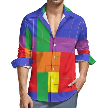 Colorblock להדפיס חולצה סתיו גיאומטריה חולצות מזדמנים זכר אופנה חולצות שרוול ארוך מותאם אישית מצחיק מקסימום גודל פלוס