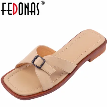 FEDONAS עקבים נמוכים תמציתי נעלי נשים סנדלי עור אמיתי אבזם נוח עובד מזדמן נעלי אישה קיץ 2023