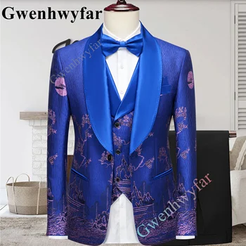Gwenhwyfar בסגנון סיני דפוס חדש הגעה הבלטה השושבינים הצעיף דש החתן חליפות גברים חליפות חתונה/נשף האנשים הטובים ביותר Homme