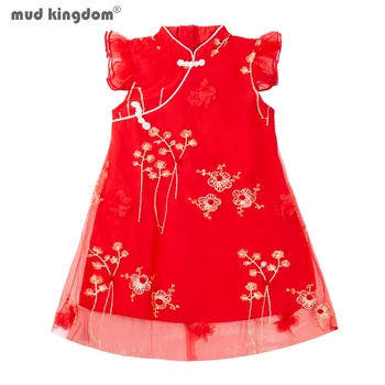 Mudkingdom בנות צ ' יפאו שמלה ללא שרוולים פרחים רקמה הקיץ סינית מסורתית שמלות הפעוט חצאית שמלת נסיכה