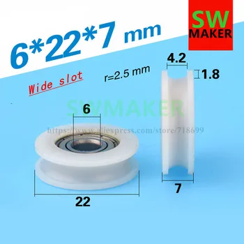 SWMAKER 6*22*7mm U סוג פלסטיק ניילון חבילה עם גלגלת כיוון 625 שטוח שטוח גלגל רולר