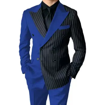 אופנה בלייזר שחור כחול פס כפול עם חזה חליפות לגברים שני חלקים ג ' קט מכנסיים Slim Fit תחפושת Traje De נוביו פארא Boda