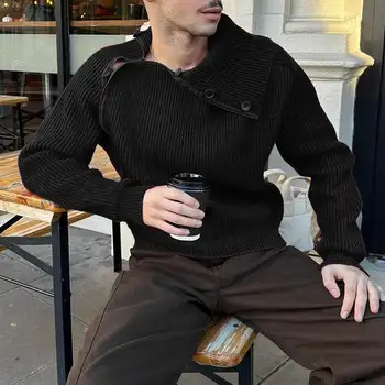 אופנה סגנון מקרית מקסימום INCERUN גברים מלוכסנות Placket כפתור עיצוב סוודר מוצק חופשי נוח לסרוג צווארון הסוודר S-5XL