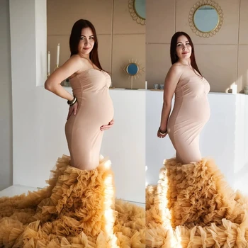 אלגנטי בתולת ים שמלת היריון פרע קפלים פוטושוט חצאית שמלת סטרפלס שמלת הריון סקסית מתוקה Babyshower בהזמנה אישית
