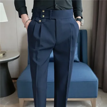 גברים גבוהה המותניים המכנסיים 2023 הבריטי סגנון הלבוש מכנסי גברים Slim Fit מכנסיים רשמי במשרד מסיבת חתונה Pantalon Homme