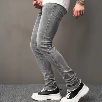 גברים סלים פשוטים אפור ג 'ינס מכנסיים סתיו זכר אופנת רחוב מסוגננת ריצה מזדמנים ג' ינס מכנסיים של גברים