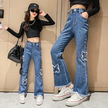 הילדים בגדי ילדות אופנה האביב החדש קצה גלם פרפר תיקון עיצוב ג 'ינס מכנסיים מזדמנים התלקח המכנסיים עבור בני נוער ג' ינס 4-14 Yrs
