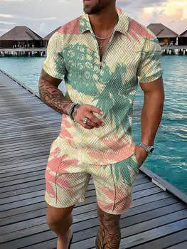 הקיץ פשוטה בסגנון רטרו עם שרוולים קצרים חולצת פולו קצרים חוף 2 ערכות קטע אדידס לגברים 3D מודפס מזדמנים ספורט חליפה