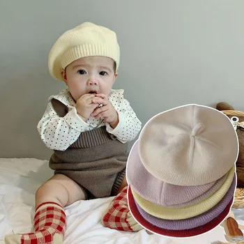 חמודים הילדים חורף בנות כומתה תינוק כובע סרוג כומתה אמן צייר כובע מצנפת מוצק אופנה וינטג ' סתיו חורף חם ילדים