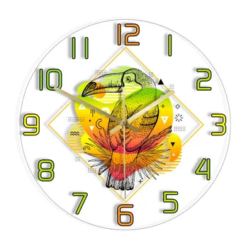 טוקאן טרופיים, ציפור עכשווי שעון קיר חדר ילדים חדר ילדים ג ' ונגל חיות הבית עיצוב מינימליסטי אקריליק מודפסים השעון