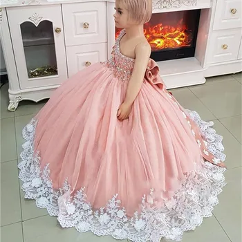 יוקרתי גבישים כתף אחת הבנות פרח שמלה לחתונה פרחוני 3D חרוזים הפעוט הפעוט הנסיכה שמלת יום הולדת התינוק לובש.