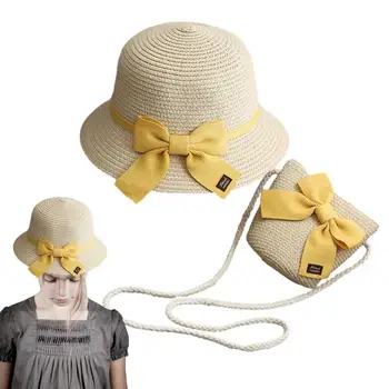 ילדים החוף כובע קש ילדים קש כובע השמש עם קשת בנות קש הארנק להגדיר השמש צל הגנה מפני השמש לנשימה עבור ילדה 3-10