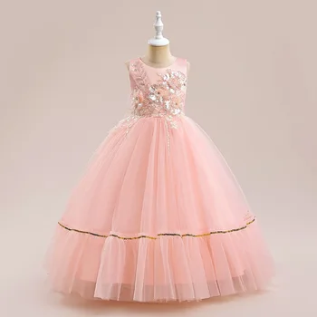 ילדים פלאפי רשת שמלה ארוכה בנות נסיכה השמלה ללא שרוולים שמלת יום ההולדת פסנתר ביצועים השמלה 8-12 שנים