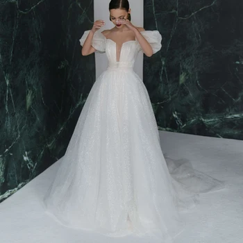 מבריק נסיכה V הצוואר מן הכתף פאף שרוולים טול קו שמלות חתונה עבור נשים 2023 ללא משענת זמן נצנצים שמלות כלה