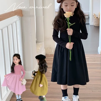 מותק של בנות קוריאני מוצק צבע Slim Fit שמלת נסיכה של ילדים הסתיו והחורף נסיכת אופנה טלאים התחתונה שמלות