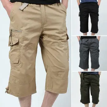 מכנסיים קצרים של הגברים הקיץ מזדמנים מכנסיים מוצק רב כיסי מכנסי קצוץ מכנסיים קצרים זכר שרוך ישר מכנסיים קצרים