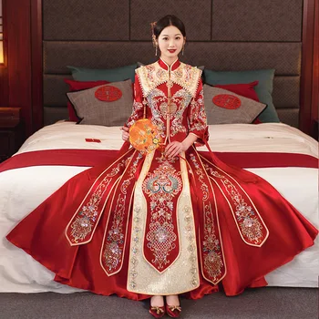 מסורתי נשים סאטן אדום פייטים חרוזים חתונה שמלת רטרו בסגנון סיני להתחתן פיניקס רקמה Cheongsam