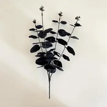 מציאותי שחור אקליפטוס גזע שחור סידור פרחים מציאותי בד משי שחור, אקליפטוס ענפים ליל כל הקדושים מקורה