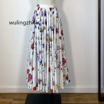 נשים כותנה ארוך חצאית הדפס 2023 הקיץ הנשי מתאימים לבנים יד ציור מהודר פופלין הרחבה התחתונה חדש מגיע