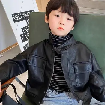 סגנון קוריאני אביב סתיו התינוק בנים בנות מעילים השחור לעמוד צווארון PU מעילי עור רוכסן אחת עם חזה אפודות
