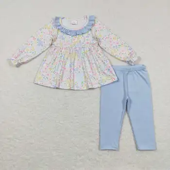 סיטונאי בגדי ילדים חם מכירת מוצר חדש, פרחים צבעוניים כחול תחרה שרוול ארוך מכנסי חליפה לתינוק בגדי ילדות