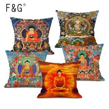 סיני הודי בודהה כרית כיסוי דתי שאקיאמוני ארבעה חמושים Guanyin דקורטיביים מבד פשתן על הספה עיצוב הבית