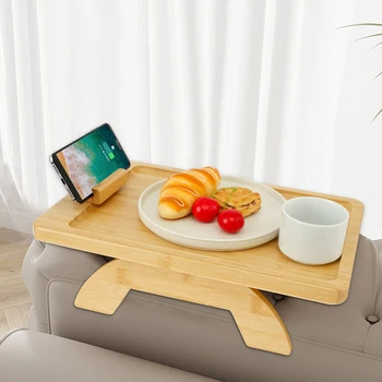 ספה היד מגש עם סיבוב 360° מחזיק טלפון במבוק הספה היד מגש חיסכון בחלל ספה קליפ על שולחן מתקפל ספה