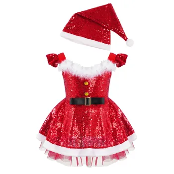 פעוטות בנות חג המולד גברת סנטה קלאוס תחפושות נסיכה, חצאית, שמלה עם כובע סנטה חג המולד מסיבת בלט ג ' אז לטיני ריקוד תלבושות