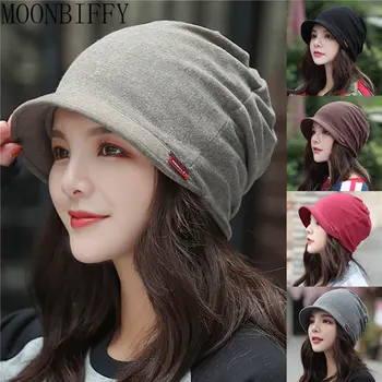 צבע מוצק סרוג כובע מצחייה צעיף טורבן כיסוי הראש כובע קצר שוליים כובע החורף חם נשים חיצונית Windproof כובעי ביני