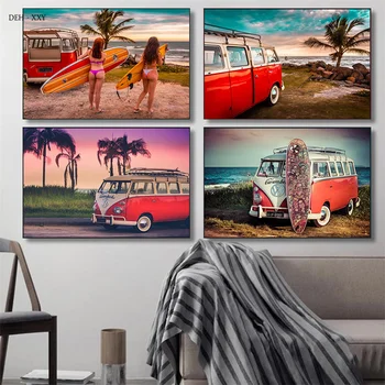 צבעוני הקיץ נוף לים פוסטרים ימי יופי הגלשן הרכב בד ציור נוף אמנות קיר תמונות עבור חיים עיצוב חדר