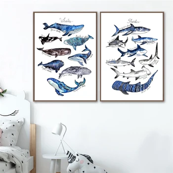 צבעי מים לוויתן הדפסה הילדים קיר אמנות בד הציור כריש פוסטר חוף ימית הקיר תמונה עיצוב חדר ילדים קישוט הקיר