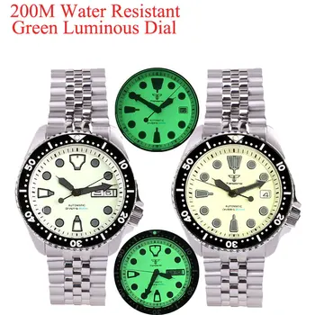 צוללן 200M עמיד במים Tandorio 41MM SKX ירוק זוהר לבן חיוג אוטומטי NH36A/NH35A גברים השעון ספיר זכוכית 3.8 הכתר
