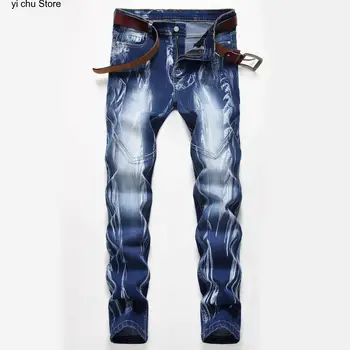 שלג חדש שטף טלאים ישר אלסטי ג 'ינס בתוספת גודל בציר תיקון סלים ג 'ינס ג' ינס ארוך לבן כותנה גברים מכנסיים ג ' ין