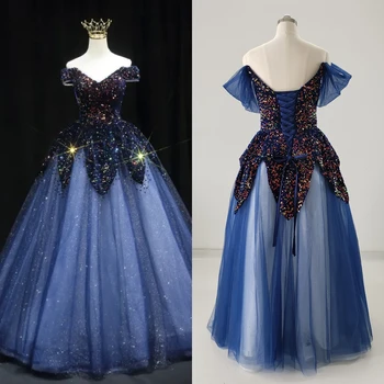 שמלת ערב בצבע כחול כהה פאייטים את כתף שרוול קצר טול שמלות נשף קומת אורך בתוספת נשים גודל שמלות ערב B2197