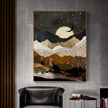 תקציר הר הירח ציור קיר בוהו אמנות בד להדפיס פוסטר של הכוכבים בלילה זהב התמונה בסלון עיצוב הבית Cuadros